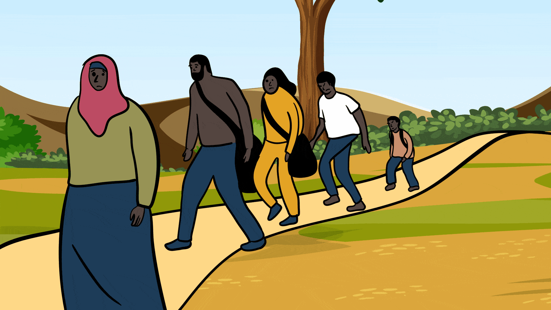 illustrated gif of Zambia people vacating their homes during the rwandan genocide